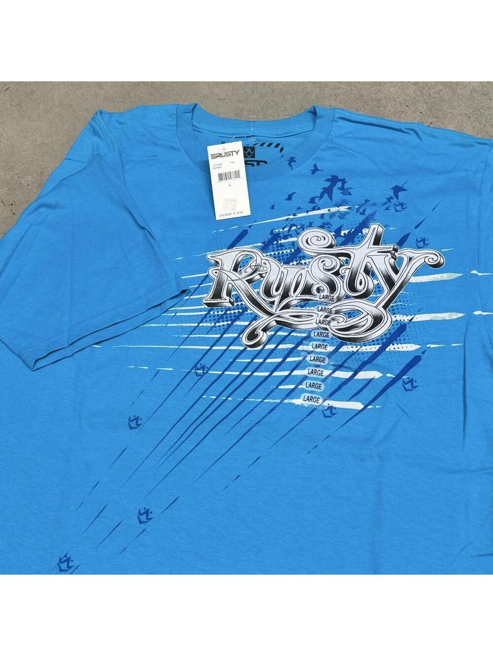 Y2K Rusty T-Shirt Mens Large Blue NWT NOS Surfwear Skate Grunge Tribal 2000s
